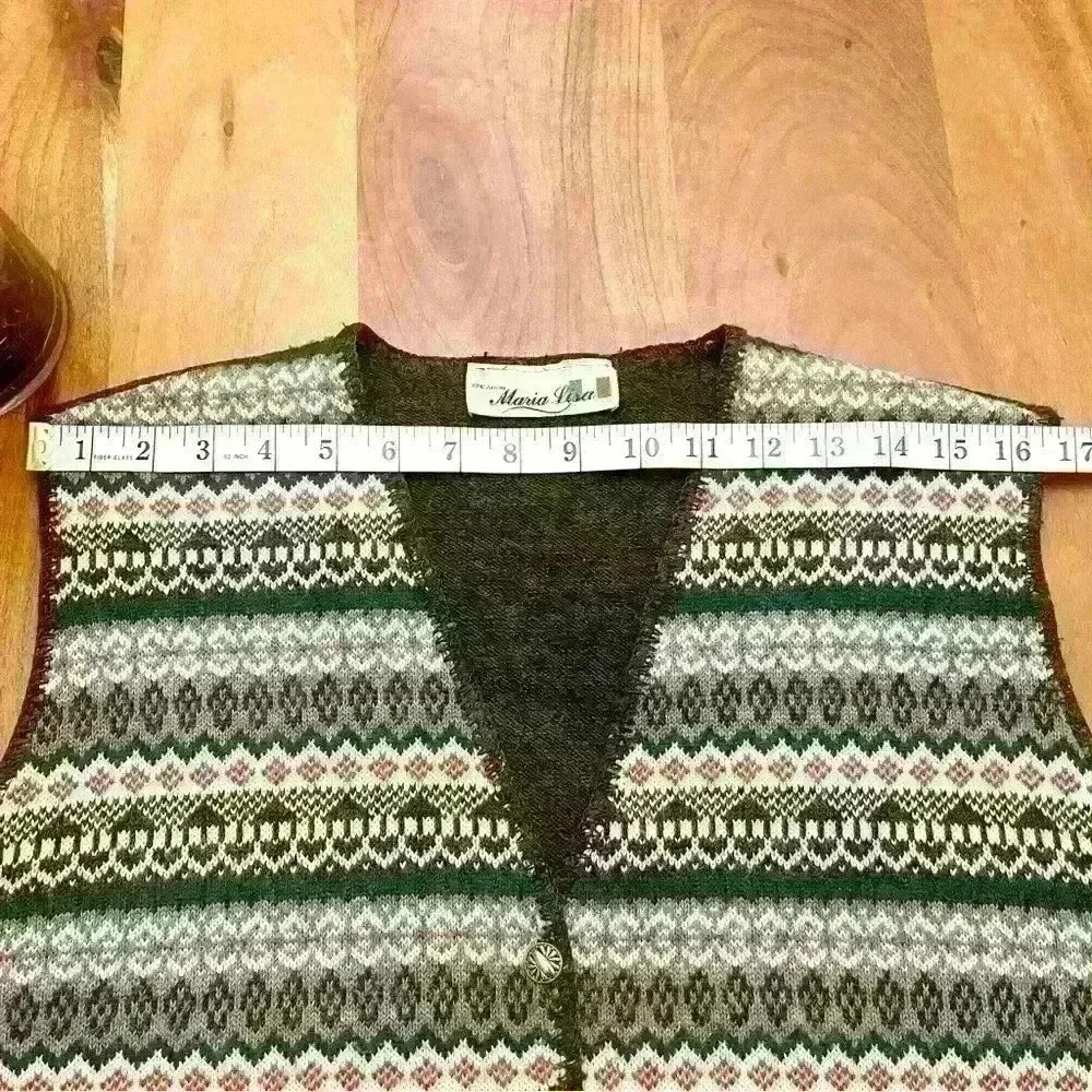 Vintage BohoOversized Green Multicolored Button V-neck  Sweater Vest - Picture 10 of 13